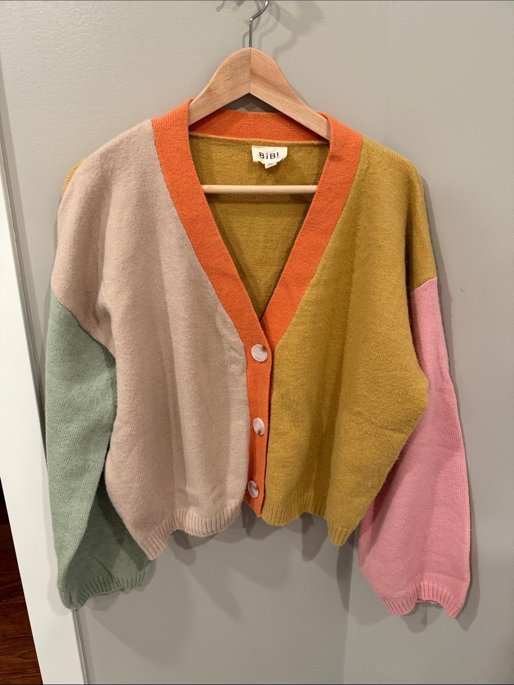 BiBi Colorblock V-Neck Cardigan - Mustard, Cream, Pink, Sage, Orange Trim